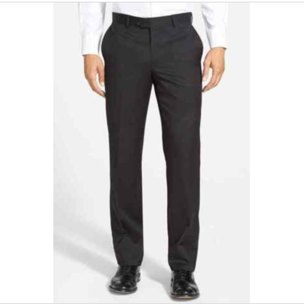 Nordstrom Men's Shop Flat Front Wool Trousers 32W Charcoal Raw Hem